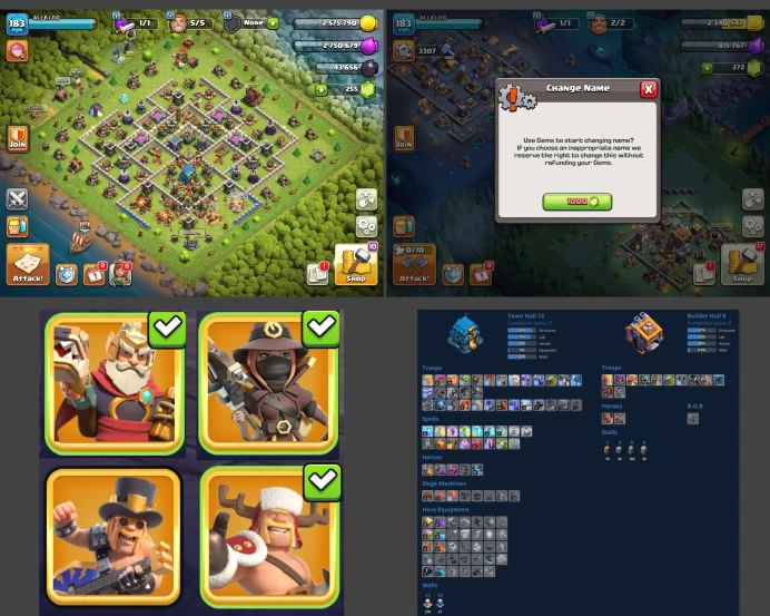 ■TH:12 (+70%) ■Heroes: K53 Q56 P30 W24 ■Skins:2 ■Gems:1000 ■BH:9 ■Full Access ■Instant Delivery ■A671