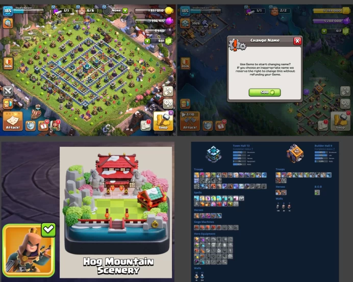 ■TH:13 (+60%) ■Heroes: K59 Q70 P40 W34 C11 ■Skins:2 ■Builders:6 ■BH:9 ■Full Access■ ■Instant Delivery ■A699