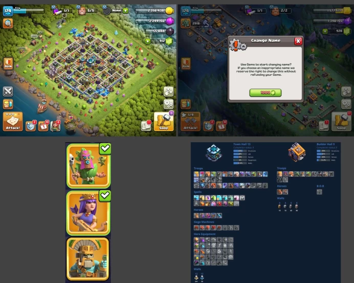 ■TH:13 (+50%) ■Heroes: K45 Q57 P40 W23 C15 ■Skins:3 ■BH:9 ■Full Access ■Instant Delivery ■A903
