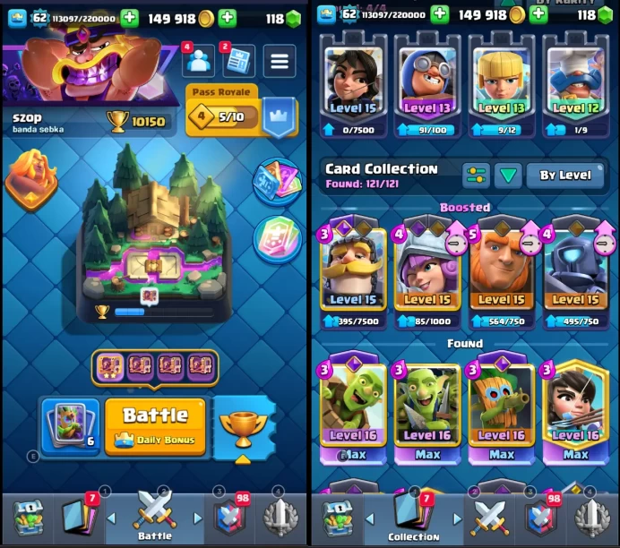 62 lvl/10000+ Trophy/TK 15/All Card/MAX Card 4/15lvl card 4/12 Evolved/92 Emote/8 Skin/8 Years old	Zka1427