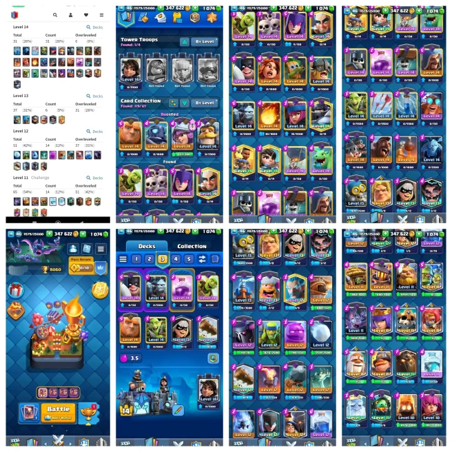 Y6【KT 14_LVL 46】31 CARD LVL 14◆12 TOWER SKIN◆8K TROPHY◆70 ULTIMATE EMOTES◆300K GOLD◆1K GEM'S◆NC FREE
