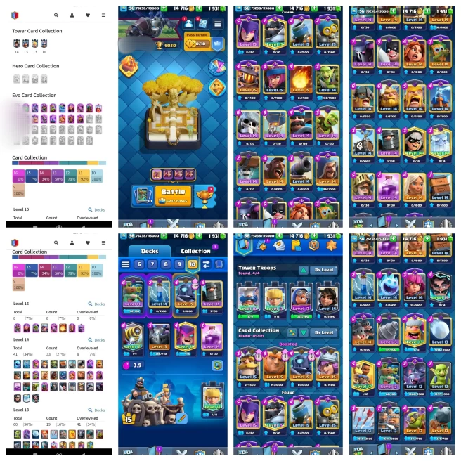 Y9【KT 15_LVL 56】16 EVO CARD◈8 CARD LVL 15◈33 CARD LVL 14◈9K TROPHY◈73 OG EMOTS◈8 TOWER SKIN◈2K GEMS◈NC 500◈4 YEAR PLAYED