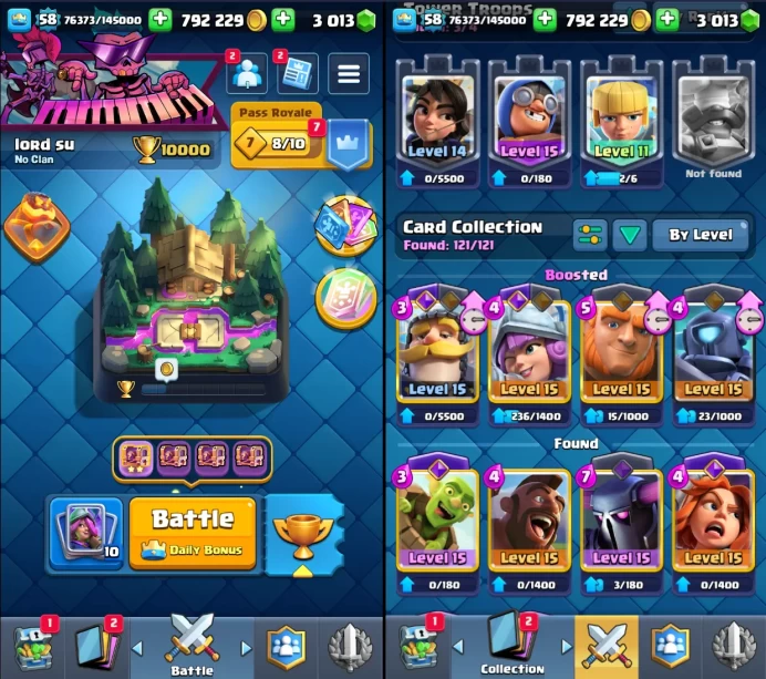58 lvl/10000+ Trophy/TK 15/All Card/15lvl card 10/14lvl card 32/12 Evolved/85 Emote/6 Skin/4 Years old/	Zka1434