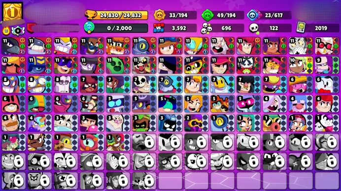 B30▰24 MAX BRAWLER▰TOTAL 30 HYPERCHARGED▰16 HYPER LOCK▰24K TROPHY▰70 BRAWLERS▰148 SKIN▰NC FREE