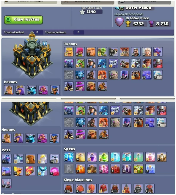 [Exp:290]||Th18 Rare Id||Heros:100-100-73-75-50||5 Epic Equipment||613 Cwl Medals||7 Skins 3 Scenery||5 Digit Rank