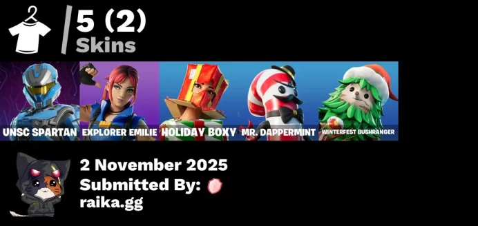 [PC/PSN/XBOX] 5 skins | UNSC Spartan | Explorer Emilie | Holiday Boxy | Mr. Dappermint | Winterfest Bushranger | Shattered Halo Ring | Greebles
