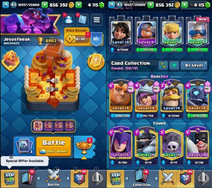 43 lvl/8000+ Trophy/TK 14/120 Card/15lvl card 1/14lvl card 11/15 Evolved/49 Emote/10 Skin/8 Years old/	Zka1456