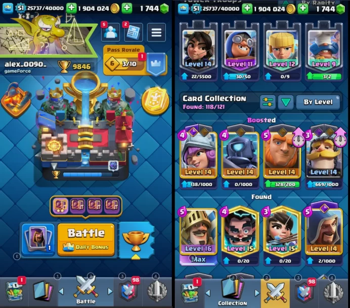 51 lvl/9000+ Trophy/TK 14/118 Card/MAX Card 1/15lvl card 2/6 Evolved/34 Emote/6 Skin/3 Years old/	Zka1461