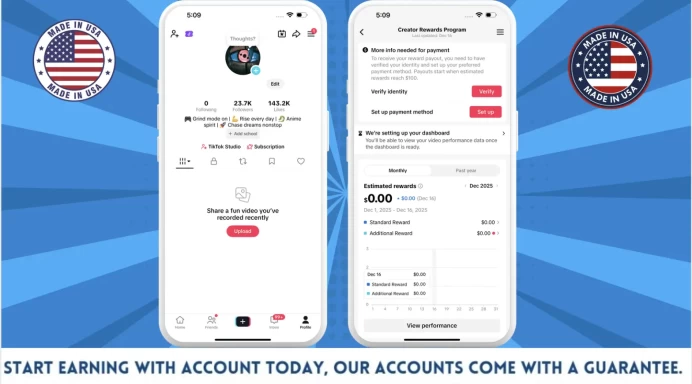 100% Monetized USA Account Creator Rewards Program Active | 23k Real Followers & 143k Likes | Real Screenshots + Full Access + Good Standing