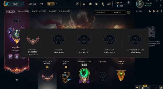 EUW / BRONZE 1(51LP) %80WR / 172 Champ / 183 Good Skins(3 Ultimate, 2 Mythic) / 52K BE / HONOR 3 / S3 ACC / 409 LVL / HANDMADE FULL ACCES /CHEAP