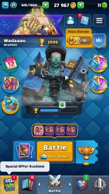 Lvl 21|Trophy 3999|KTL 8|Limited Skin|Card 65|2 Evo,2 Legend,14 Epic,24 Rare,26 Common|Take Email(CR1015)