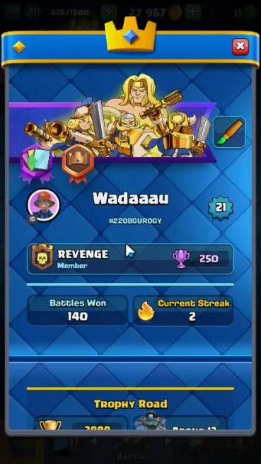 Lvl 21|Trophy 3999|KTL 8|Limited Skin|Card 65|2 Evo,2 Legend,14 Epic,24 Rare,26 Common|Take Email(CR1015)