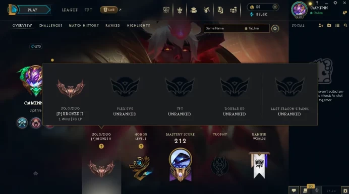EUW / BRONZE 2(76LP) %100WR / 99 Champ / 69 Good Skins(4 Mythic) / 88.6K BE / 279 LVL / HANDMADE / FULL ACCES / LIFETIME WARRANTY /CHEAP