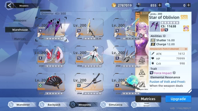 TOF104 Lv 100 -SV Eden - CS 258617- Apex CS 261154 - 19 Weapon 6* - 12 Weapon Lv 200 - 22 Outfits - 3 Wings - 17 Vehicles - Missing 6 SSR Relics
