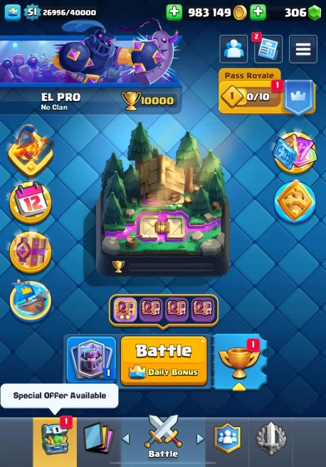 [A219]High Value Account | LV51 | King Tower 14 | Arena 25 | 10000 Trophies | 11 Evo | 4x Lv15 | 11x Lv14 | 121 Cards | 93 Emotes 