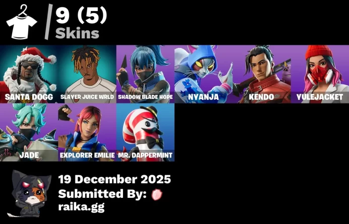 [PC/PSN/XBOX] 9 skins | Santa Dogg | Slayer Juice WRLD | Shadow Blade Hope | Nyanja | Kendo | Yulejacket | Jade | Explorer Emilie