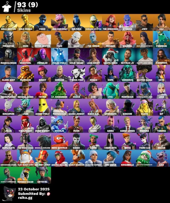 [PC/PSN/XBOX] 93 skins | Gold Brutus | Gold Midas | Fixer | Vivi Chroma | Sultura | Subzero Cryptic | The Imagined | Kymera | Joey | Raz