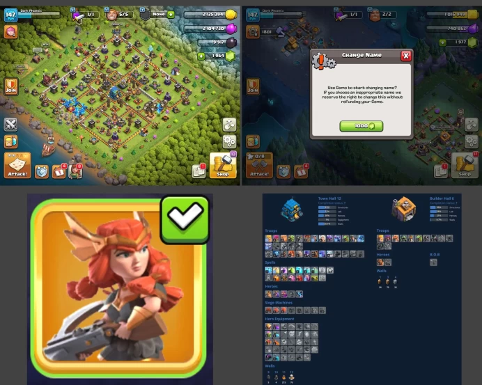 ■TH:12 (+45%) ■Heroes: K40 Q43 P20 W19 ■Skins:1 ■Gems:2k ■BH:6 ■Full Access ■Instant Delivery ■A3382