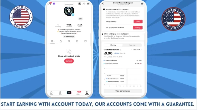 100% Monetized USA Account Creator Rewards Program Active | 10k Real Followers & 76k Likes | Real Screenshots + Full Access + Good Standing