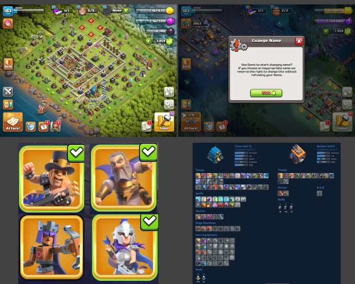 ■TH:12 (+65%) ■Heroes: K52 Q55 P30 W24 ■Skins:4 ■Gems:1.5k ■SW:1046 ■BH:8 ■Full Access ■Instant Delivery ■A3634