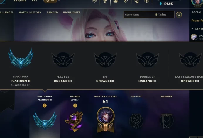 EUW ⸱ PLATINUM II · %59WR · PLAT 1 MMR · 541800BE · HONOR 4 · 10 SKIN · GUN GODDESS MISS FORTUNE · SPIRIT BLOSSOM AHRI · KDA ALL OUT AHRI · 1655