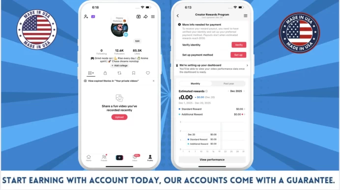 100% Monetized USA Account Creator Rewards Program Active | 12k Real Followers & 85k Likes | Real Screenshots + Full Access + Good Standing