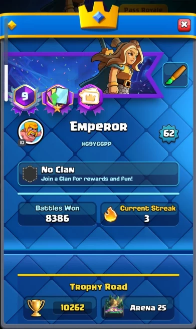 LEVEL 63 !! 9 YEARS !! 10K TROPHIES !! KT 15 !! 4 MAX CARDS [LVL16] !! 8 EVO CARDs !! 47 CARDs (LVL 14) !! 8.5K GEMS !! MANY RARE & EPIC EMOTES