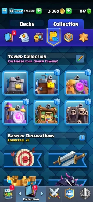 (Android/iOS) KT14 - lvl 52 - elite 3 evo cart 4 Cards117/120 - Max Card 25 _lvl 13 card 7 /Emote 41 / skin tower 6 trophy 9060