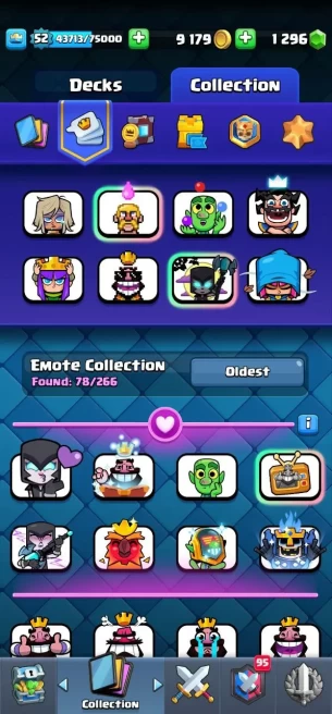 (Android/iOS) KT14 - lvl 52 - elite 2 evo cart 4 Cards120/120 - Max Card 41 _lvl 13 card 7 /Emote 78 / skin tower 6 trophy 9060