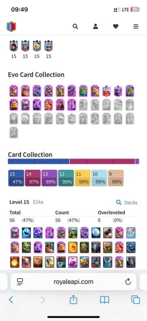(Android/iOS) KT15 - lvl 65 - elite 56 evo cart 17 Cards120/120 - Max Card 59 _ /Emote 133 / skin tower 14 trophy 12505