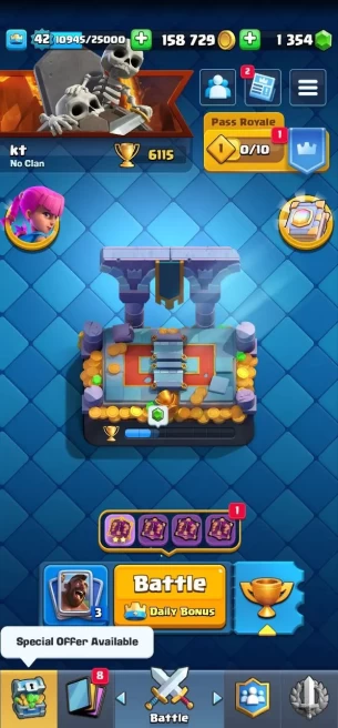 Clashroyal(Android/iOS) KT14 - lvl42 - Cards109/120 - Max Card 13 _ elite 1/Emote 66 / skin tower 14/Fast delivery/
