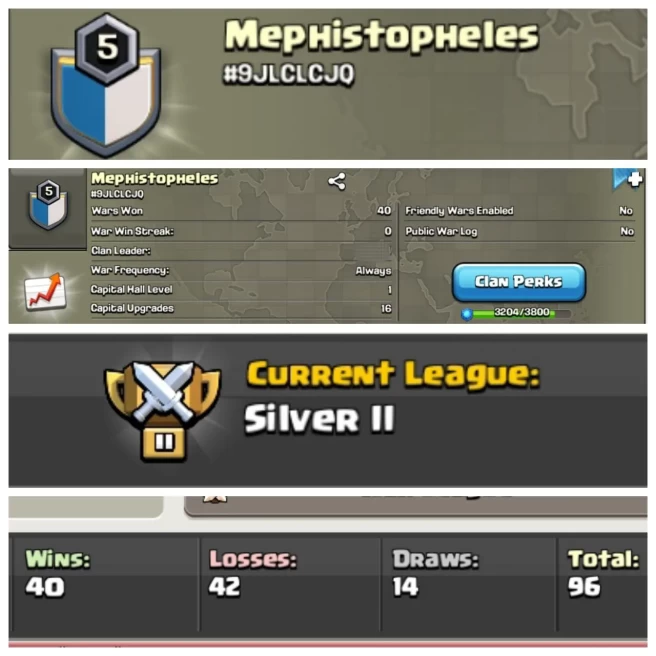 C56◆CLAN LVL 5◆Mephistopheles◆CWL RANK: SILVER 2◆WAR WIN: 40◆TOTAL WAR 96◆INSTANT DELIVERY◆EXTRA ORDINARY STORE