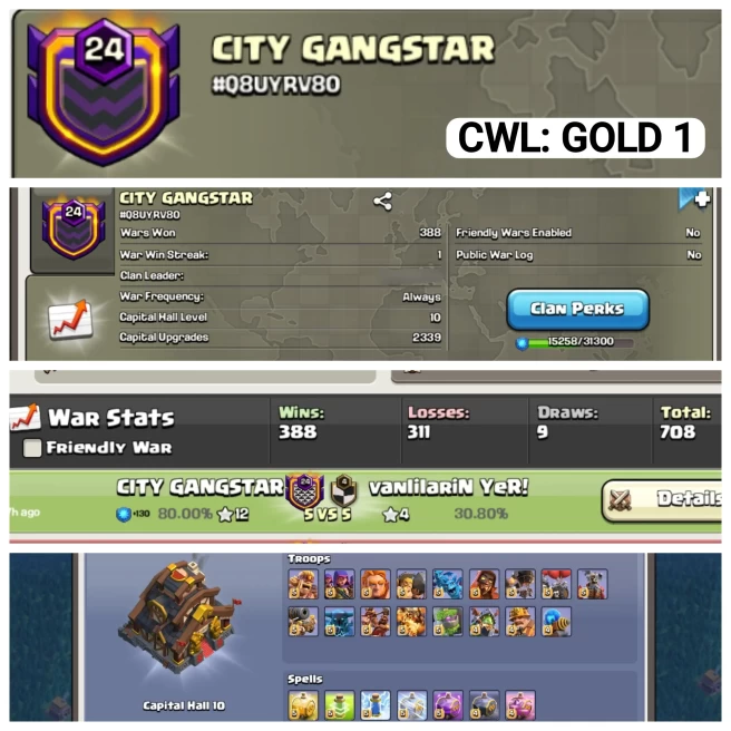 C45◆NAME: CITY GANGSTAR◆LVL 24◆POSITIVE WAR LOG:WIN: 388/ LOSS:311◆CP 10【ALL TROOPS+SPELL MAX】◆ENGLISH NAME CLAN◆EXTRA ORDINARY STORE