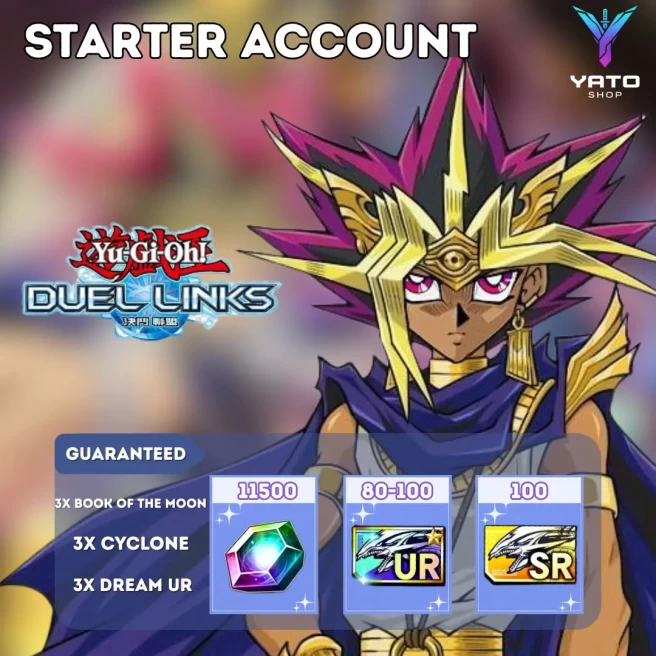 [Konami] YUGIOH DUEL LINKS | 11500–12000 Gems | 80–100 UR | 100 SR | 3× Book of the Moon | 3× Cyclone | 2× Dream UR Scroll | READY TO PLAY