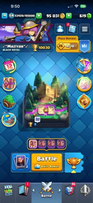 ◉ KT 15 -Level 54 * Level 16 :1card * Level 15:3Card * Level 14:5 card * Emote: 45 *  Trophies 10000 * Cards 121/121 * check pics