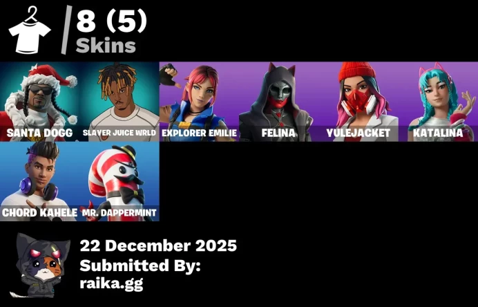 [PC/PSN/XBOX] 8 skins | Santa Dogg | Slayer Juice WRLD | Explorer Emilie | Felina | Yulejacket | Katalina | Chord Kahele | Mr. Dappermint
