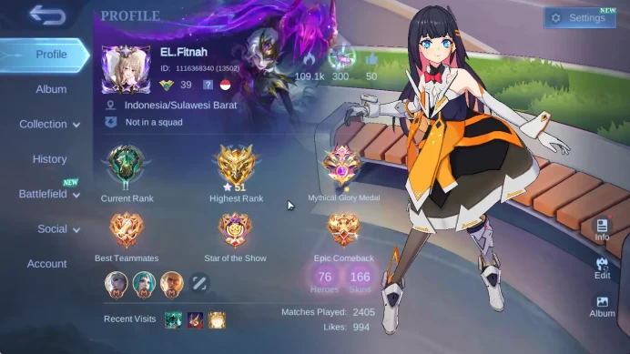 Hero 76 Skin 166 |High Glory 51| 2 Aspirants (Ruby,Vexana), Nata CC, Joy Champ, Claude M6 & ETC |Take Email| Check SS (MLBB1839)