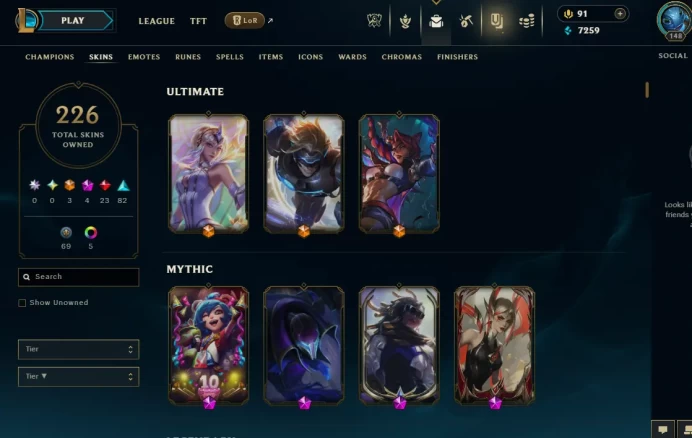 LAN(TRANSFERABLE) EMAIL CHANGEABLE 146 CHAMPIONS 226 SKINS 6 VICTORIOUS Prestige True Damage Senna Hextech Nocturne Risen Legend LeBlanc