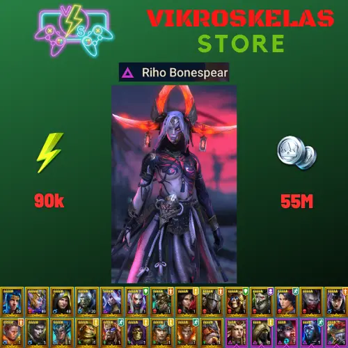 Starter acc with Riho : 90k energy / 55 mln coins / Minaya, Bloodgorged, Arix, Ninja + 19 Login Legendaries / Daithi, Aeila
