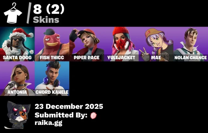 [PC/PSN/XBOX] 8 skins | Santa Dogg | Fish Thicc | Piper Pace | Yulejacket | Mae | Nolan Chance | Antonia | Chord Kahele