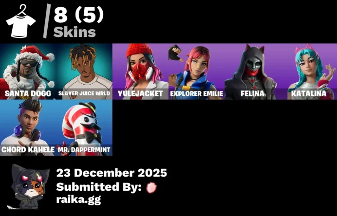 [PC/PSN/XBOX] 8 skins | Santa Dogg | Slayer Juice WRLD | Yulejacket | Explorer Emilie | Felina | Katalina | Chord Kahele | Mr. Dappermint