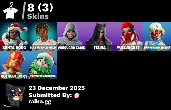 [PC/PSN/XBOX] 8 skins | Santa Dogg | Slayer Juice WRLD | Vanguard Zadie | Felina | Yulejacket | Summitseeker Evie | Holiday Boxy