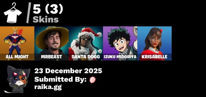[PC/PSN/XBOX] 5 skins | All Might | MrBeast | Santa Dogg | Izuku Midoriya | Krisabelle | Gwenpool's Katanas | Fishstick Janky