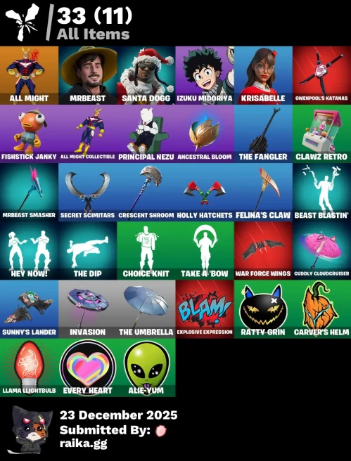 [PC/PSN/XBOX] 5 skins | All Might | MrBeast | Santa Dogg | Izuku Midoriya | Krisabelle | Gwenpool's Katanas | Fishstick Janky