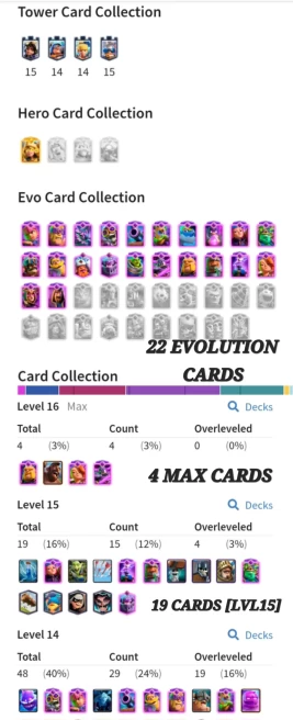 LEVEL 65 !! 10K TROPHIES !! KT 15 !! 4 MAX CARDS [LVL16] !! 19 CARDs [LVL 15] !! 22 EVOLUTION CARDS !! 3.6K GEMS !! MANY RARE & EPIC EMOTES 