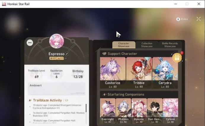 ASIA|TL 69|Casto+Sign Prem Team|Evernight+Sign,Cyrene,Hyacine|Phainon,Cerydra Etc|MC Male|Amphoreus|Take Mail|Check SS(HSR4848)