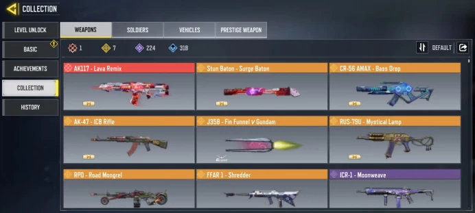 mythic gun 1 | legend gun 7 | LVL 400 | Epic Guns 224 | character Epics 82 | C: 1k | code 6270 | Saved:Activision