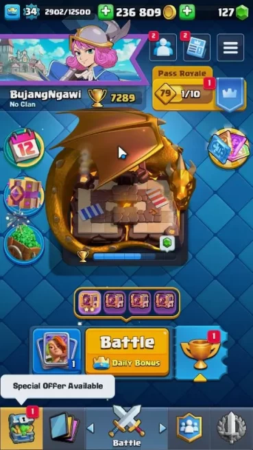 Lvl 34|Trophy 7289|KTL 11|Limited Skin Emote|Card 118|1 Hero,4 EVO,5 Champ,21 Legend,33 Epic,30 Rare,29Common|TakeEmail(CR1045)