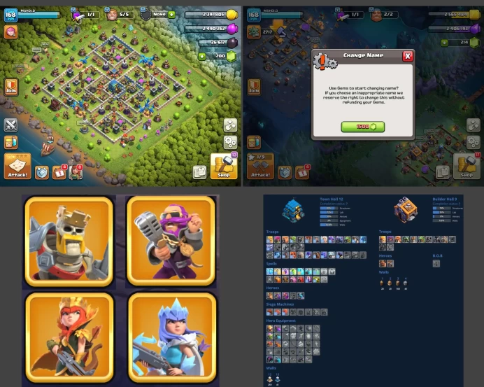 ■TH:12 (+65%) ■Heroes: K39 Q58 P30 W25 ■Skins:4 ■BH:9 ■Full Access ■Instant Delivery ■A3736