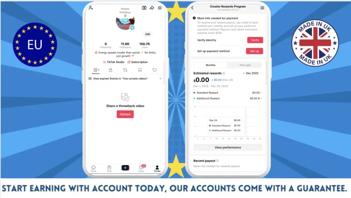 100% Monetized UK Account Creator Rewards Program Active | 11k Real Followers & 150k Likes | Real Screenshots + Full Access + Good Standing
